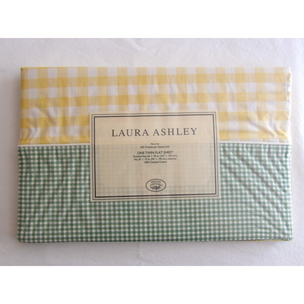 Laura Ashley Home Ylw Green Plaid TWIN Flat Sheet Wild Roses Collection New USA